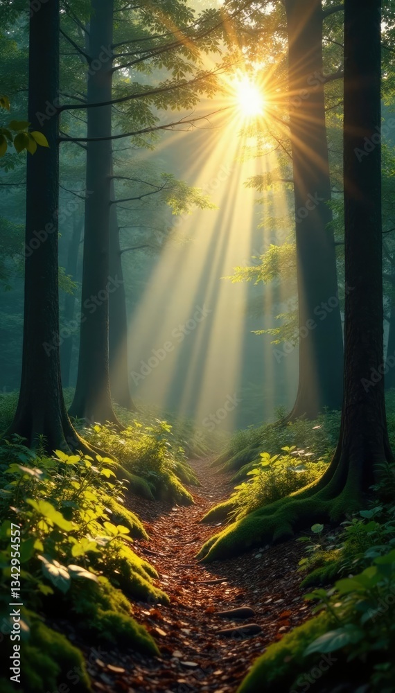 Obraz premium Forest floor bathed in warm sunlight and misty atmosphere, peaceful, woods, natural