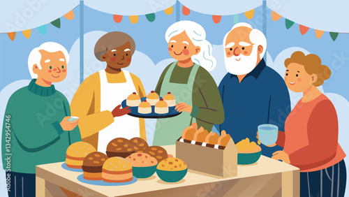 A group of seniors eagerly chatting with customers at their booth filled with delicious homemade baked goods from pies to cookies to bread.. Vector illustration