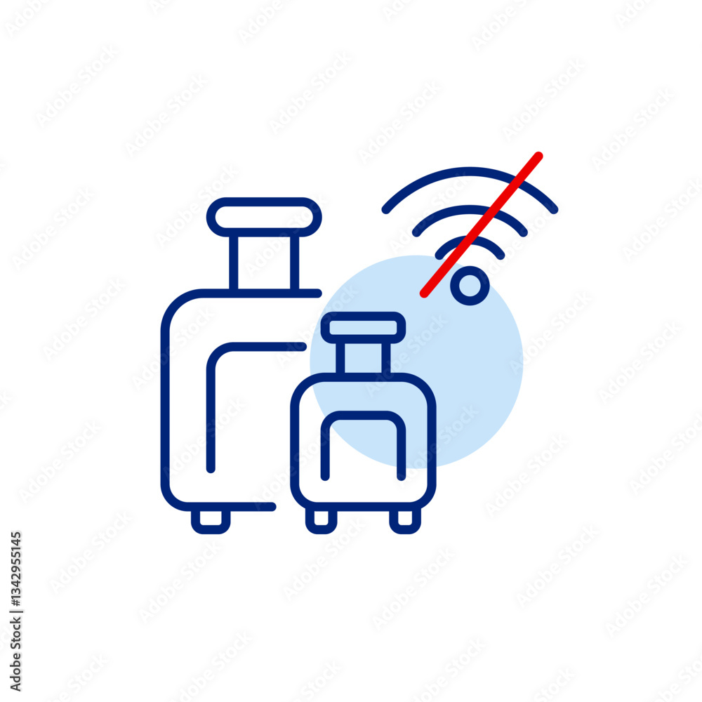 Luggage and no wi-fi symbol. Two suitcases for flights or train travel. Offline mode. Pixel perfect, editable stroke vector icon Luggage and no wi-fi symbol. Two suitcases for flights or train travel. Offline mode. Pixel perfect, editable stroke vector icon
