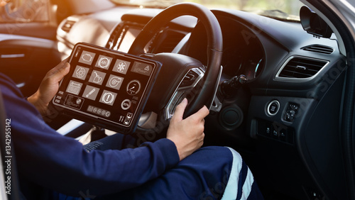 Auto mechanics use tablet computers with cutting-edge interactive diagnostic software to find faulty parts in the engine compartment.