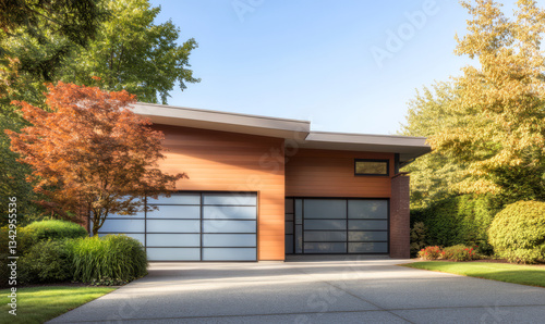 Modern residential architecture in a serene neighborhood surrounded by lush greenery