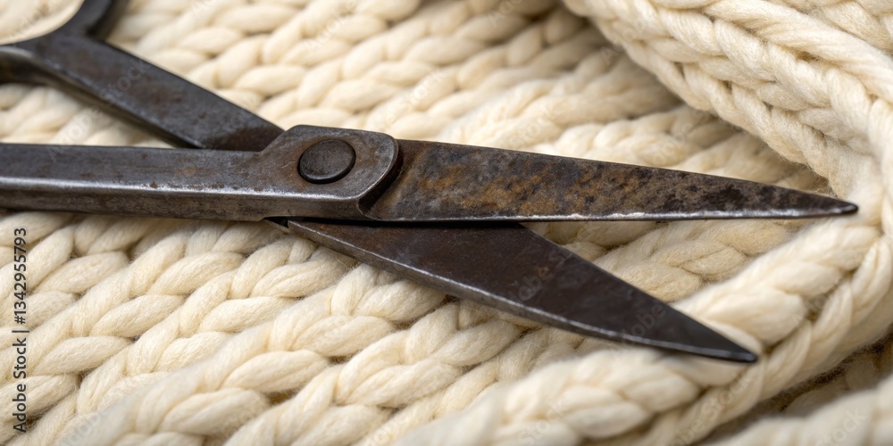 Scissors resting on warm knitted fabric in a cozy indoor setting during a crafting session