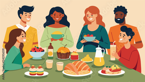 A Sunday brunch becomes a nontraditional dinner for a group of friends as they indulge in a buffet of croissants pastries and fruit platters.. Vector illustration