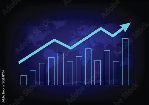 Stock and investment concept. A bar graph with an upper arrow on a world map background. Bullish market, profit of wealth, high risk high return, business growth up.