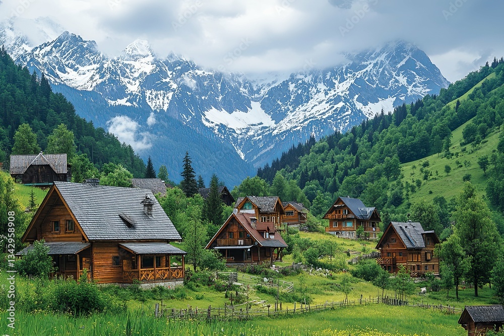 Obraz premium Scenic view of a mountain village nestled amidst lush green hills