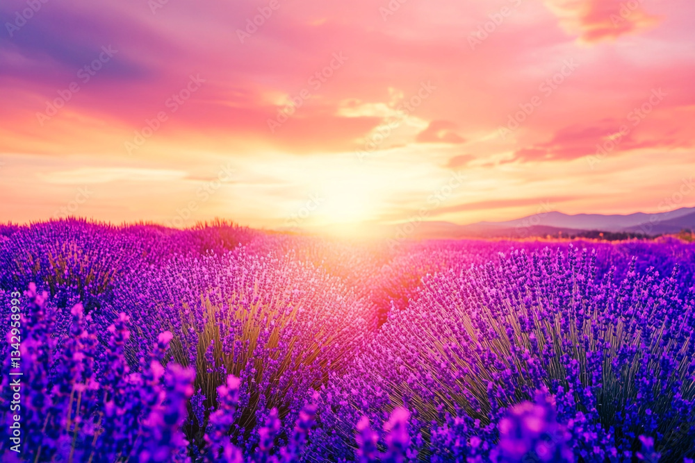 Naklejka premium Vibrant lavender field at sunset beautiful summer landscape scenic purple flowers sky view image