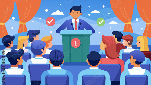 The school auditorium is filled with excited murmurs as the debate team takes the stage ready to use their skills to sway the judges and win the top spot.. Vector illustration