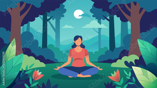 A meditation session in a tranquil forest using the serenity of nature to promote relaxation and introspection.. Vector illustration