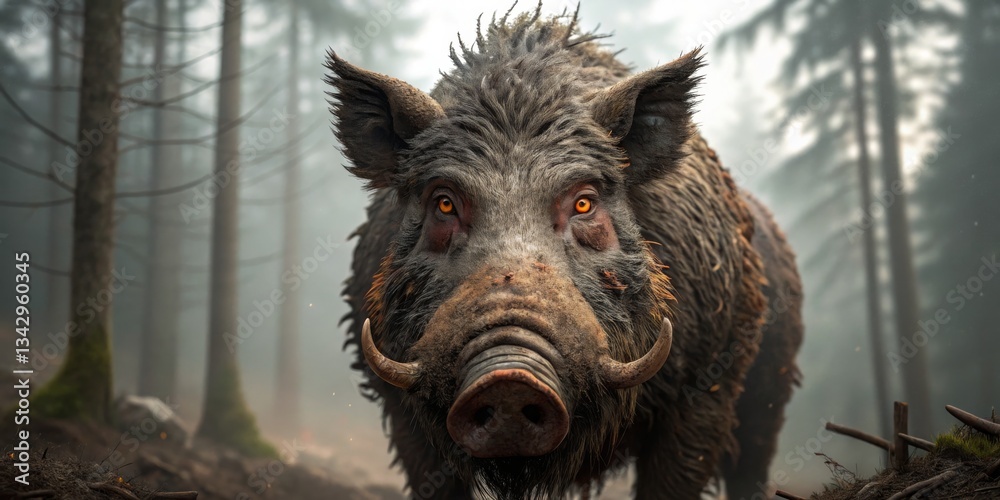 Wild boar in a dense forest during early morning mist showcasing its wild beauty and fierce gaze