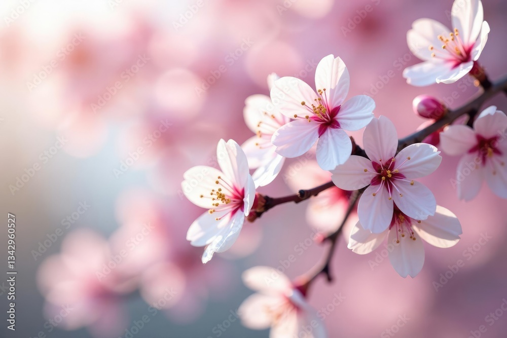 Pink and white cherry blossoms cascade down a pale wooden branch, pink flowers, branch, flower buds Pink and white cherry blossoms cascade down a pale wooden branch, pink flowers, branch, flower buds