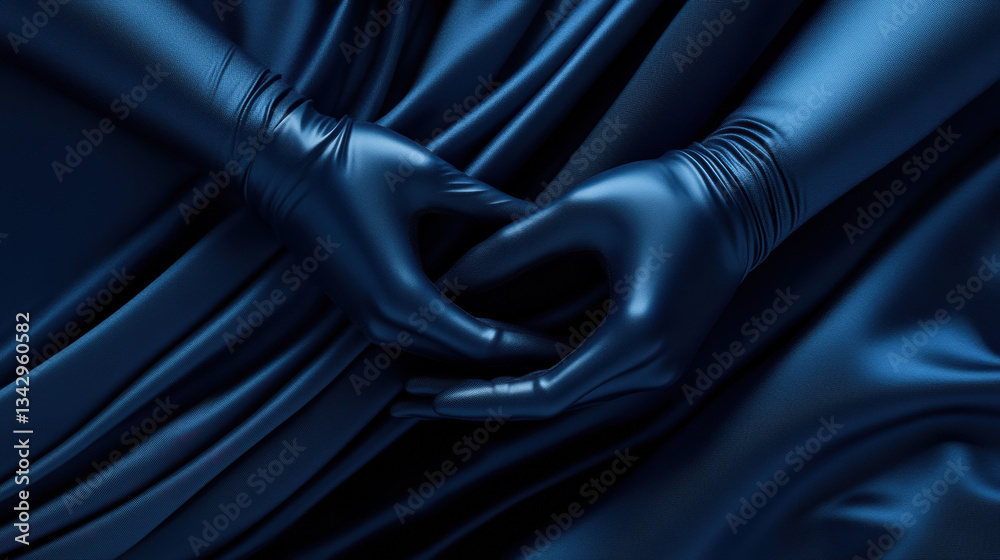 Obraz premium A conceptual close-up shot of a figure's gloved hands forming an intricate gesture, enveloped in silky deep blue fabric. The minimalist background isolates the expressive movement, while dramatic ch