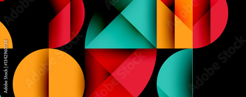 Abstract geometric background with layered gradient shapes forming dynamic patterns. Overlapping semi circles and triangles create depth and contrast