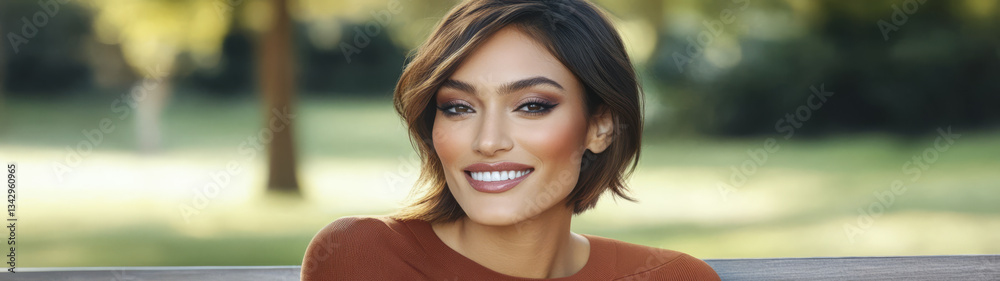 Fototapeta premium Smiling woman outdoors in a park during a sunny afternoon