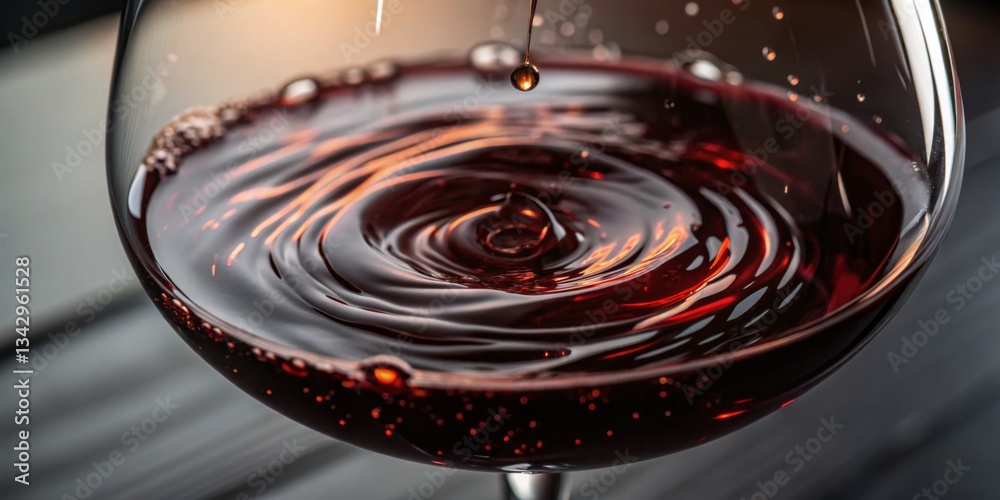 Elegant red wine creates ripples in a crystal glass under soft lighting in an inviting setting