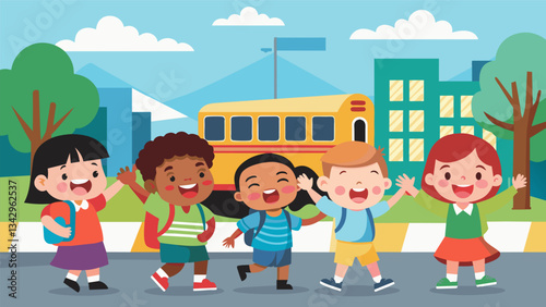 The familiar rumble of the school bus approaching elicits cheers and laughter from the group of children gathered eagerly on the street corner.. Vector illustration
