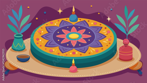 A comfortable floor cushion with a colorful mandala design p in front of a small altar adorned with crystals and incense.. Vector illustration