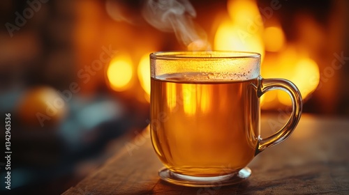 A steaming cup of apple cider, its golden hue reflecting the warm glow of a crackling fireplace.