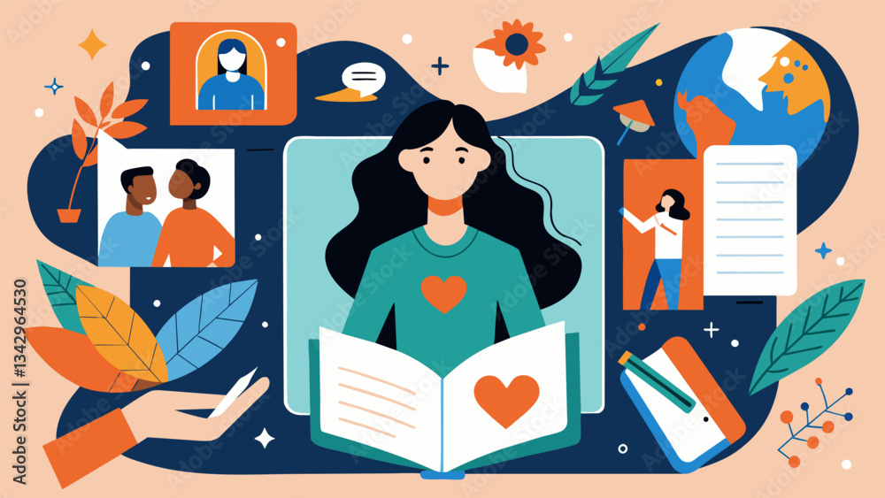 Fototapeta premium A collage of magazine outs and personal drawings in a journal representing a persons journey of healing and selfdiscovery through art journaling.. Vector illustration