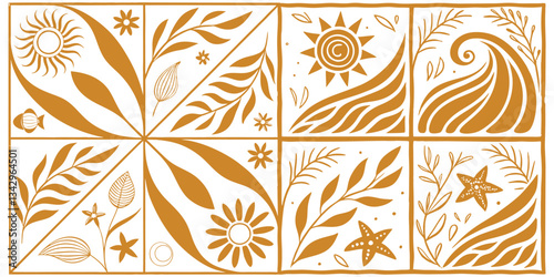 A visually appealing A4 page divided into four equal sections, each featuring a unique abstract pattern inspired by nature. The designs incorporate elements such as sunbursts, ocean waves, swirling wi