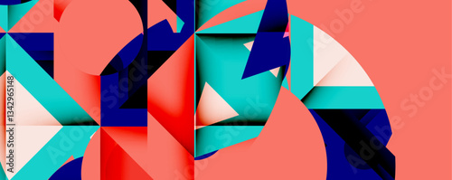 Abstract geometric artwork with interwoven angular and curved shapes, dynamic composition with smooth gradients and bold contrasts