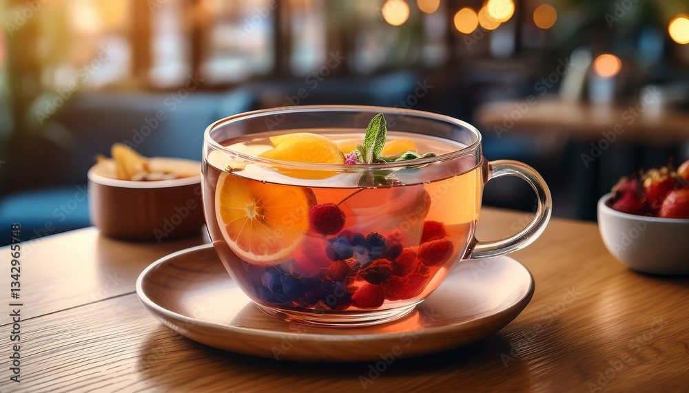 カフェの温かな雰囲気に包まれた木製のテーブルに、カラフルなフルーツとハーブティーのカップが並び、リラックスした時間が流れる
カフェの温かな雰囲気に包まれた木製のテーブルに、カラフルなフルーツとハーブティーのカップが並び、リラックスした時間が流れる