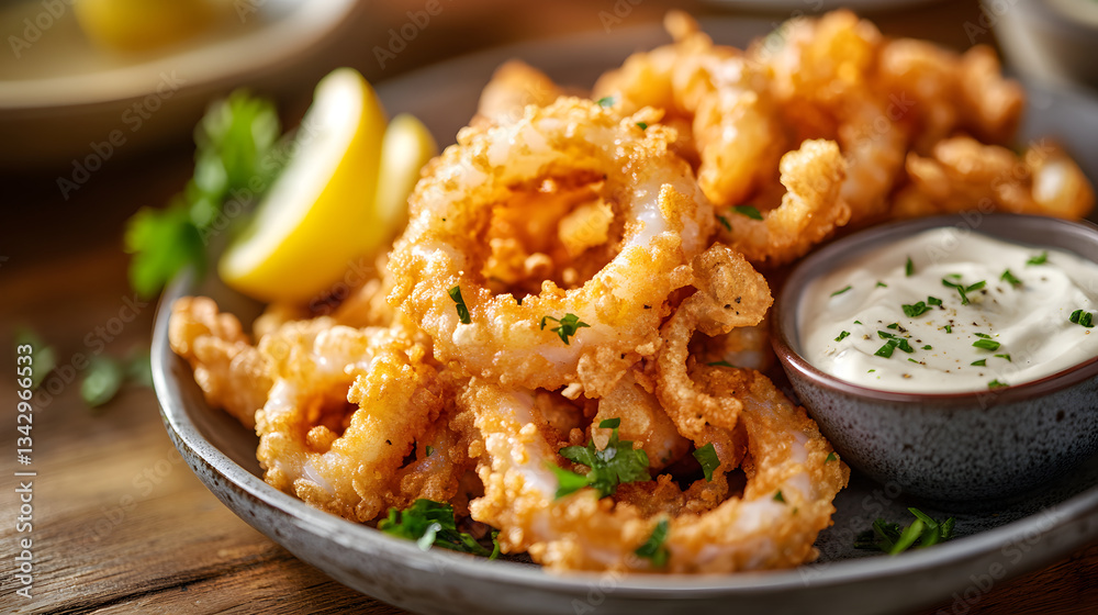 A plate of golden, crispy calamari served with lemon wedges and creamy dip, evoking indulgent pleasure. A plate of golden, crispy calamari served with lemon wedges and creamy dip, evoking indulgent pleasure.