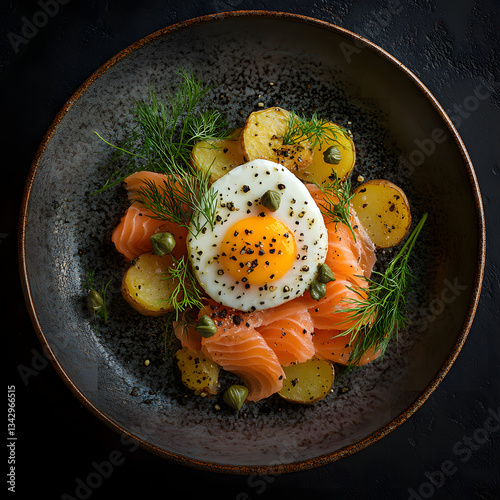 A beautifully plated salmon dish topped with a perfectly fried egg, evoking gourmet elegance. photo