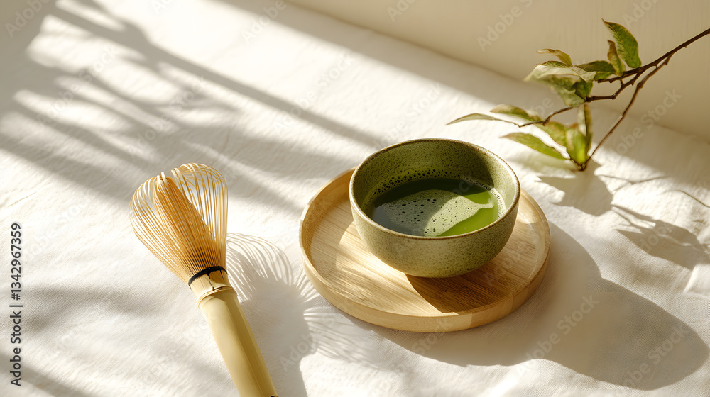 A serene matcha scene, highlighting the beauty of nature and mindful rituals.