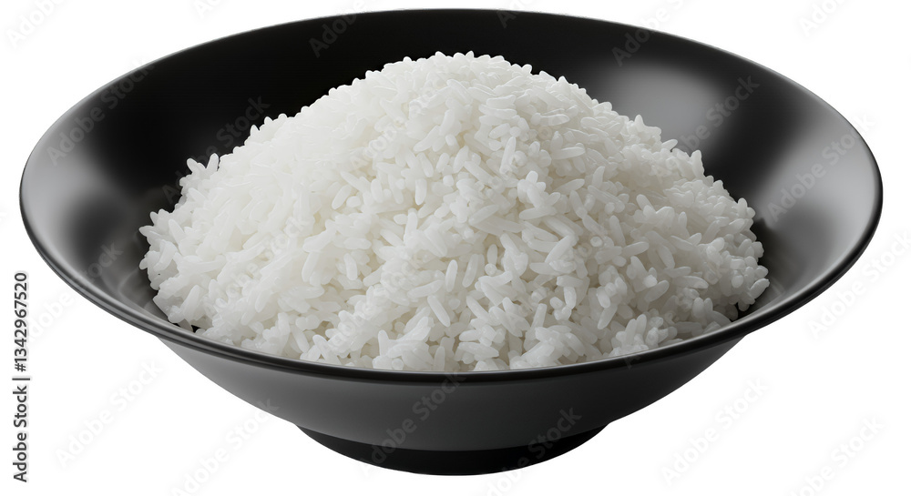 Fluffy White Rice in Black Bowl on Transparent Background Fluffy White Rice in Black Bowl on Transparent Background