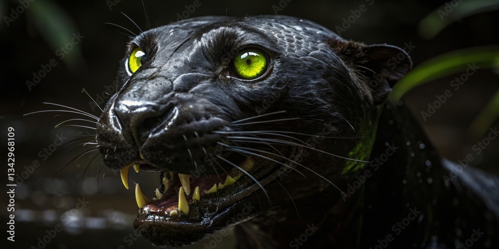 Close-up of a black panther with striking green eyes in a lush jungle environment during daylight