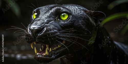 Obraz na płótnie Close-up of a black panther with striking green eyes in a lush jungle environment during daylight w salonie