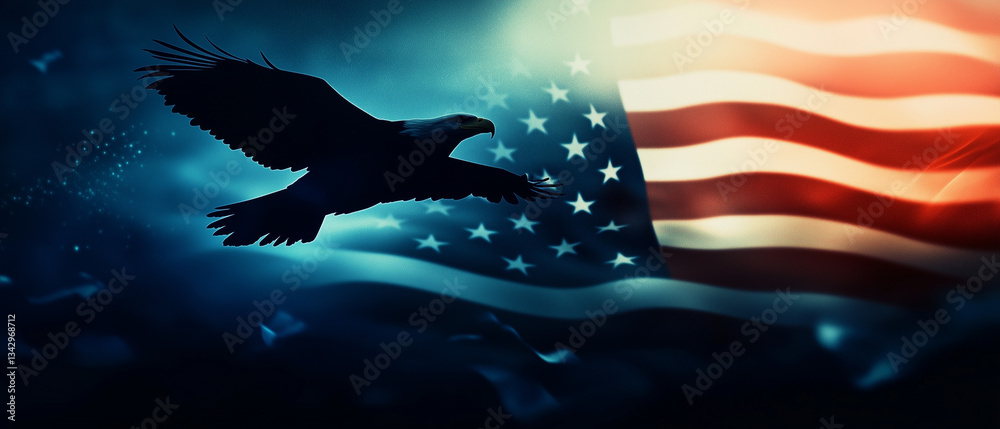Silhouette eagle with American flag with symbolizing strength and freedom . Best to celebrate 4th of July Memorial or Independence day background.