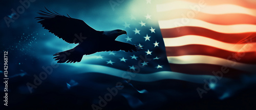Obraz na płótnie Silhouette eagle with American flag with symbolizing strength and freedom . Best to celebrate 4th of July Memorial or Independence day background. w salonie