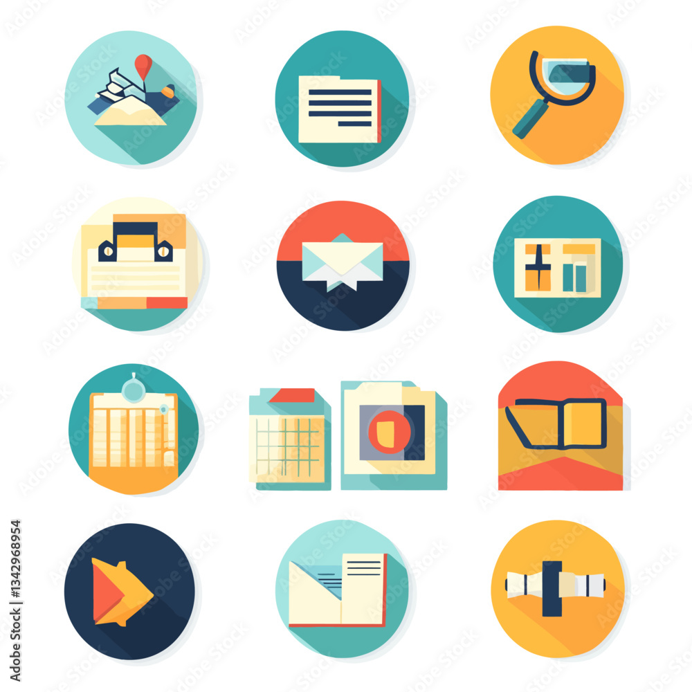Office flat icons map search file document data information concept Office flat icons map search file document data information concept