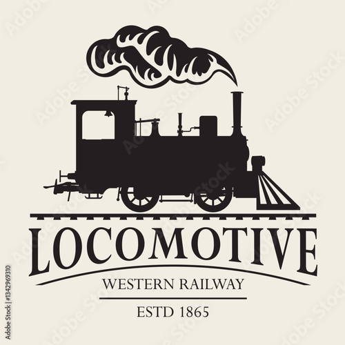 vector retro banner logo or emblem with a drawing of an old vintage railway steam locomotive in cartoon style with the inscription western railway