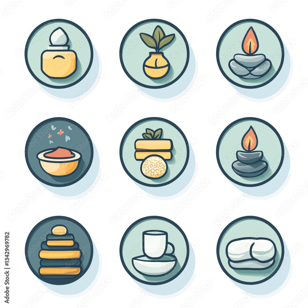 Spa and Wellness Icons: Aroma Oil, Candle, Massage Stone, and Skincare Spa and Wellness Icons: Aroma Oil, Candle, Massage Stone, and Skincare