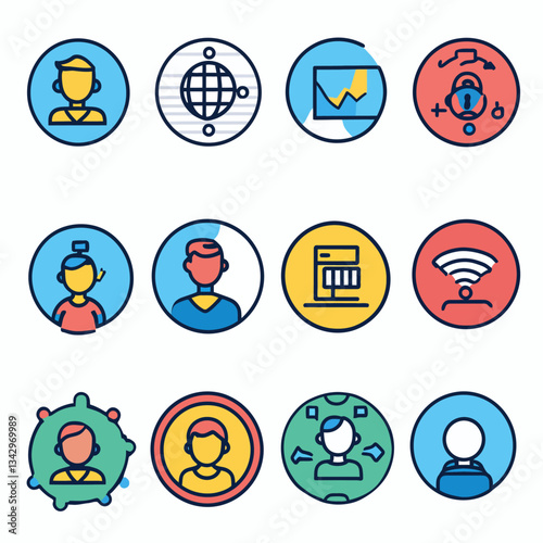 Business Icons Set: Global Network, Data Analytics, Support, Security