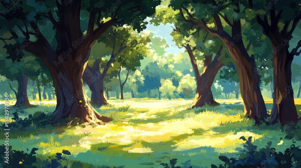 Naklejka premium Sunlit Forest Glade, Peaceful Nature Scene