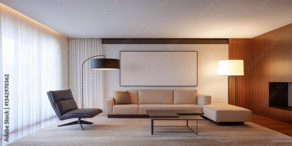 Fototapeta premium Modern minimalist living room design featuring elegant furnishings and soft lighting