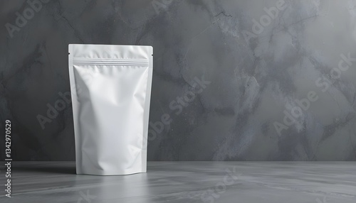 Matte White Stand-Up Pouch on Smoky Gray Surface