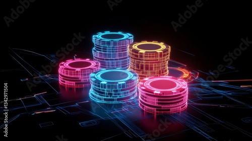 Neon poker chips, hybrid of physical and digital design, glowing with vibrant colors: red, yellow, magenta, and cyan. The chips appear as if they are floating and dynamically moving toward the viewer