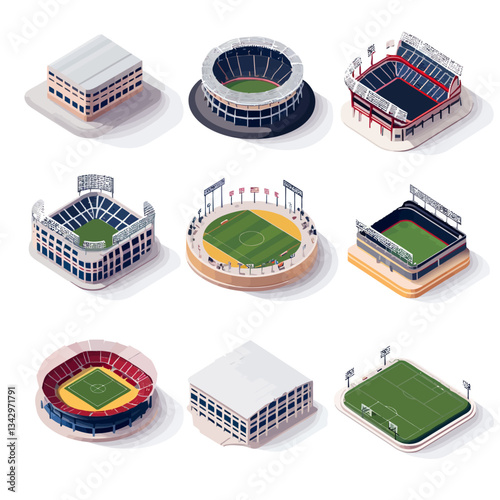 Isometric vector illustration of various stadium and arena designs