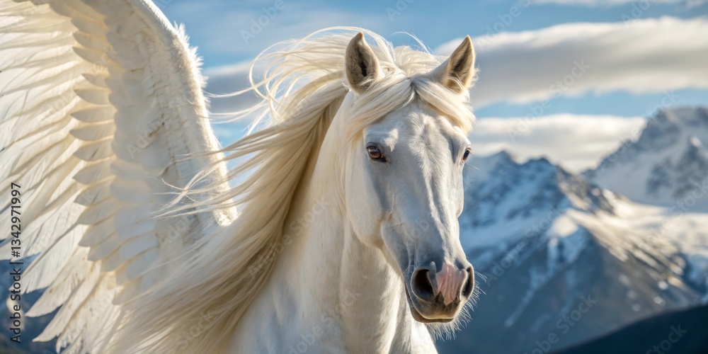 Majestic winged white horse soaring in the mountains under a bright sky