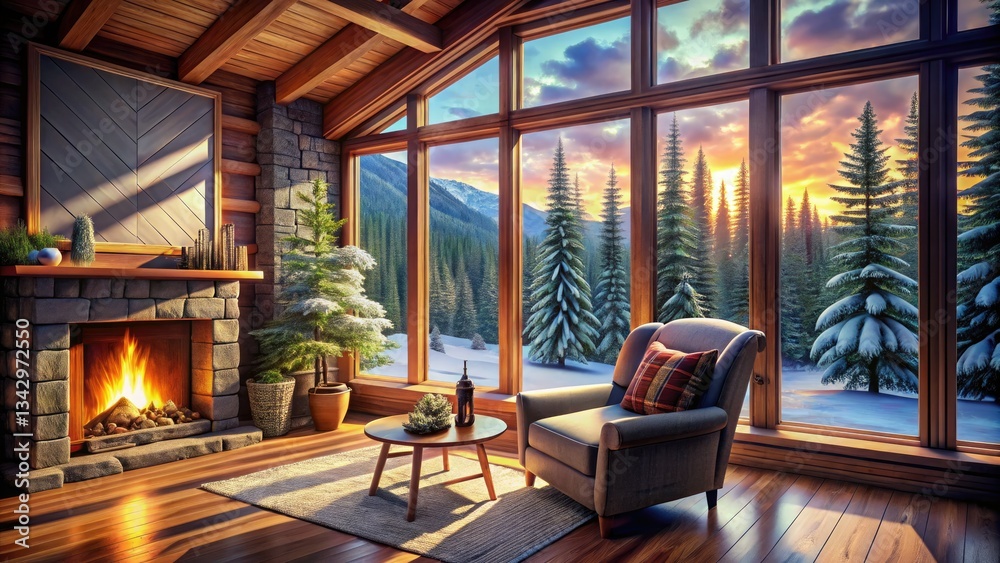 Fototapeta premium Cozy mountain cabin interior, winter wonderland. High depth of field showcases serene forest views.