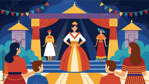 The main stage features a fashion show where students proudly model traditional clothing from their cultures.. Vector illustration