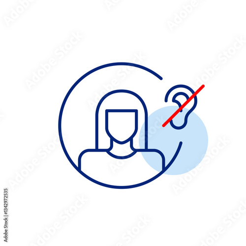 Female user avatar and ear crossed with red line. Mute mode, audio playback off. Hearing impaired or deaf people. Pixel perfect, editable stroke vector icon