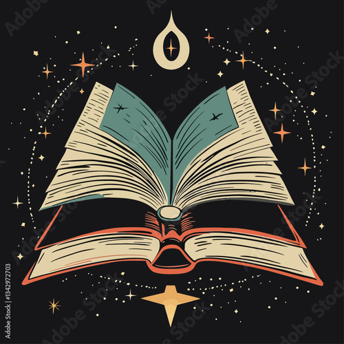 Open Book with Celestial Elements in a Dreamy and Magical Illustration