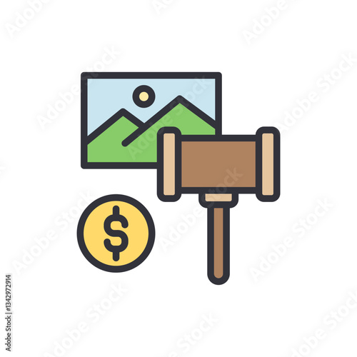 Painting auction colored icons, minimalist vector illustration ,simple transparent graphic element .Isolated on white background