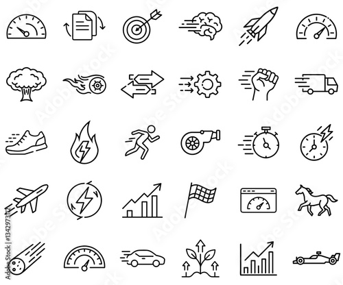 Speed and Performance Line Icons – Acceleration, Racing, Efficiency, Growth, Productivity, Fast Delivery, Innovation, High-Speed Technology, Energy, and Success Icon Set