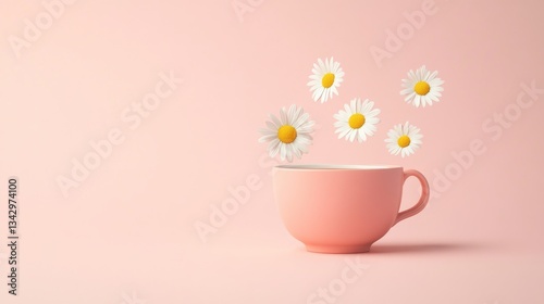 A pink tea cup with floating white daisies on display